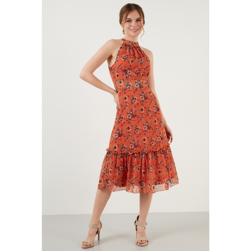 Lela Çiçek Desenli Halter Yaka Midi Boy Volanlı Elbise Bayan Elbise 6050167